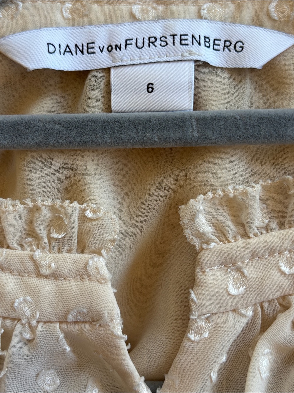 DIANE $248 VON FURSTENBERG • 21” PTP • Cream Swiss Dot Blouse - Picture 3 of 9